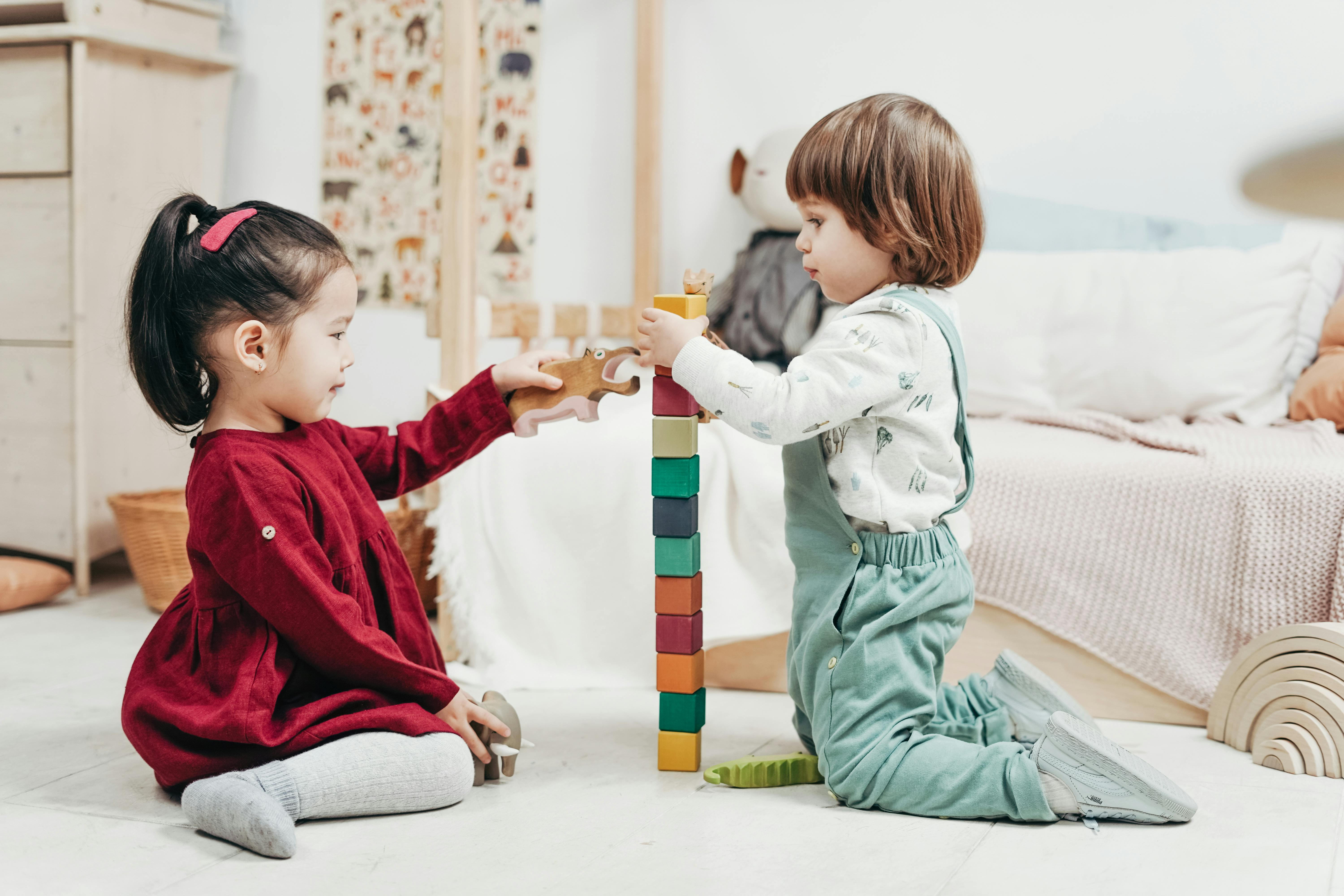  Toddlers playing with blocks