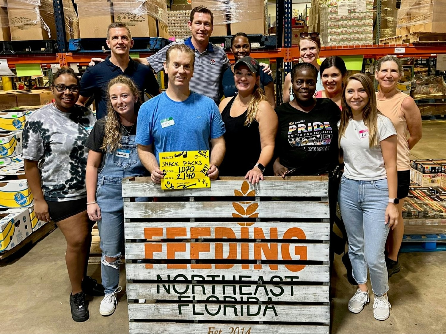 Availity Finance team assembling snack packs at Feeding Northeast Florida's Warehouse to help Jacksonville students.