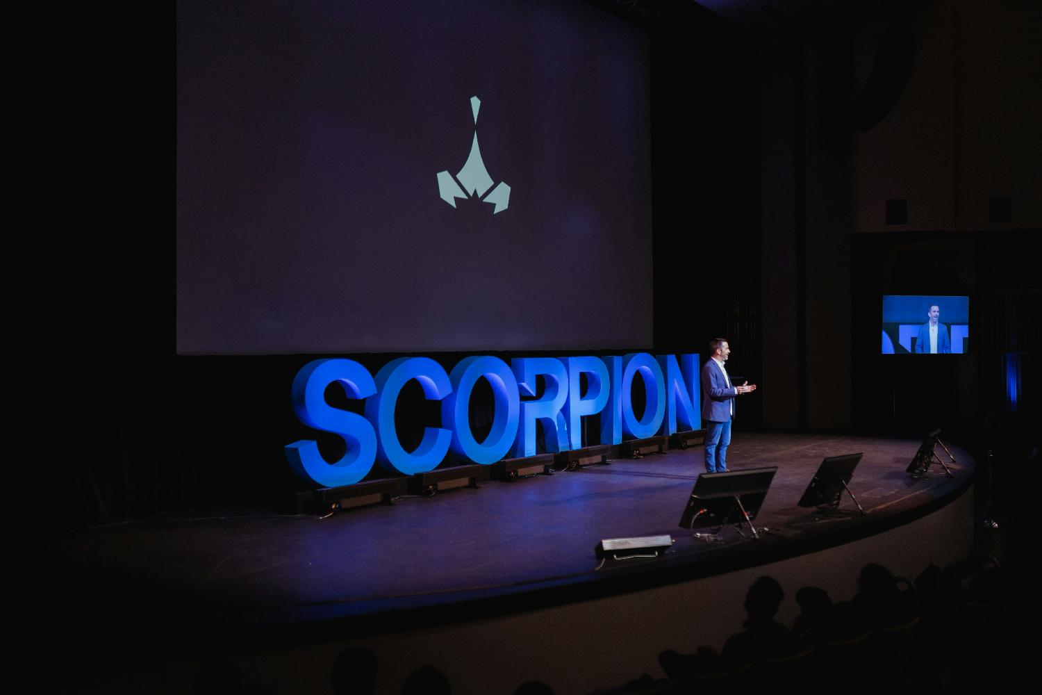 Scorpion's CMO Corey Quinn presenting live at an all-company meeting. 
