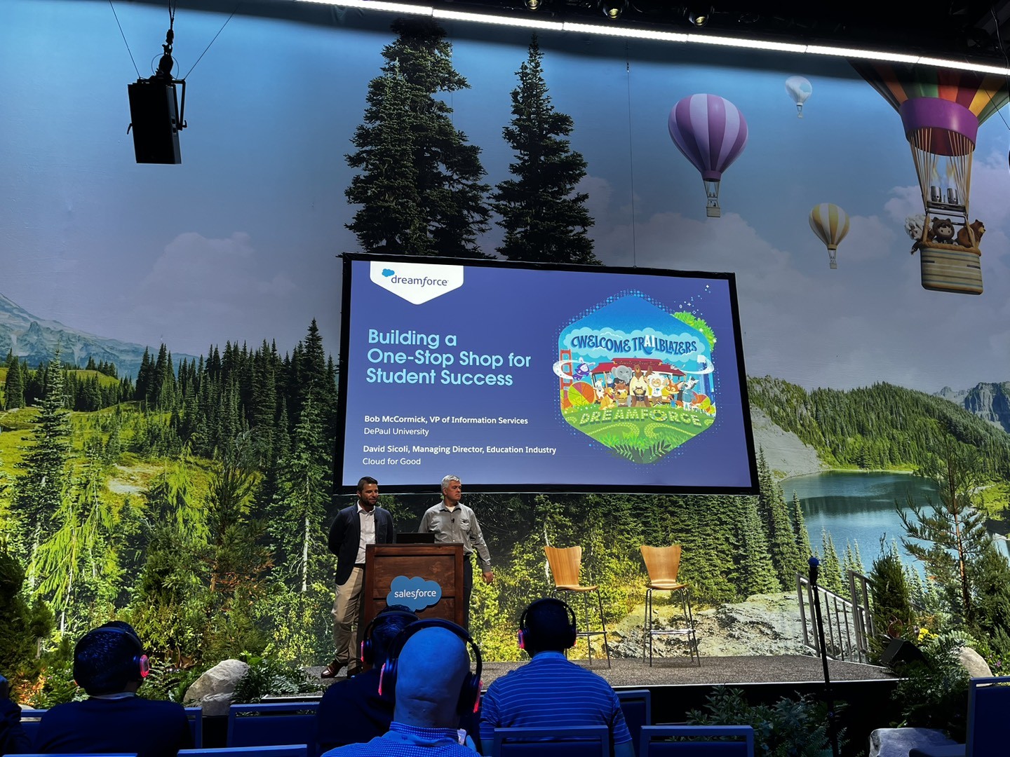 Goodie Dave Sicoli presents alongside Cloud for Good customer DePaul University on stage at Dreamforce 2023.  