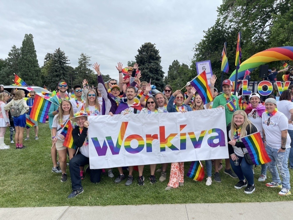 Employees representing Workiva at the Denver Pride parade 