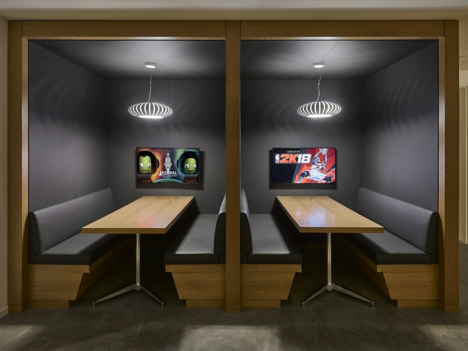 Informal huddle spaces at Take-Two's headquarters in New York City.