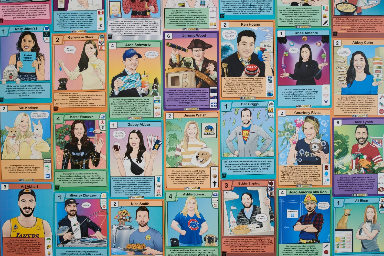 A collection of employee Intercomics, a unique way of celebrating work anniversaries and teammate achievements.