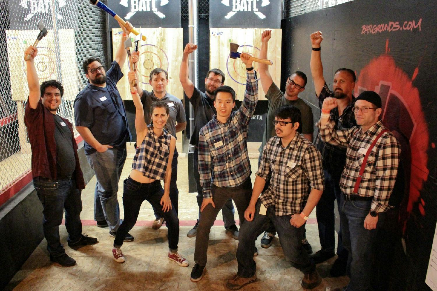 Our employees moonlight as lumberjacks! Fun happy hour event throwing axes.