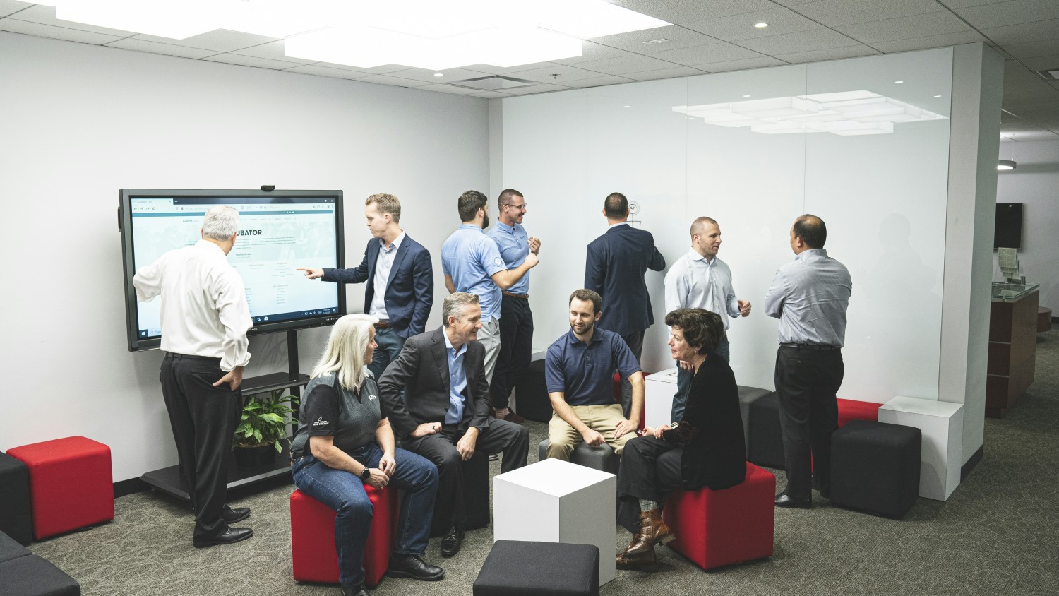 Our meeting rooms include high-tech touchscreens for presentations and collaboration. 