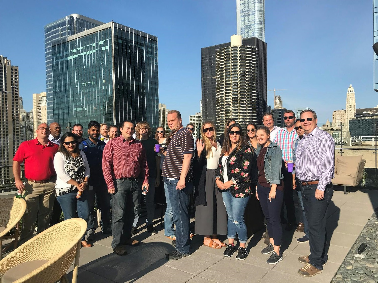 After-work drinks on the rooftop deck of OneSpan's headquarters in Chicago.