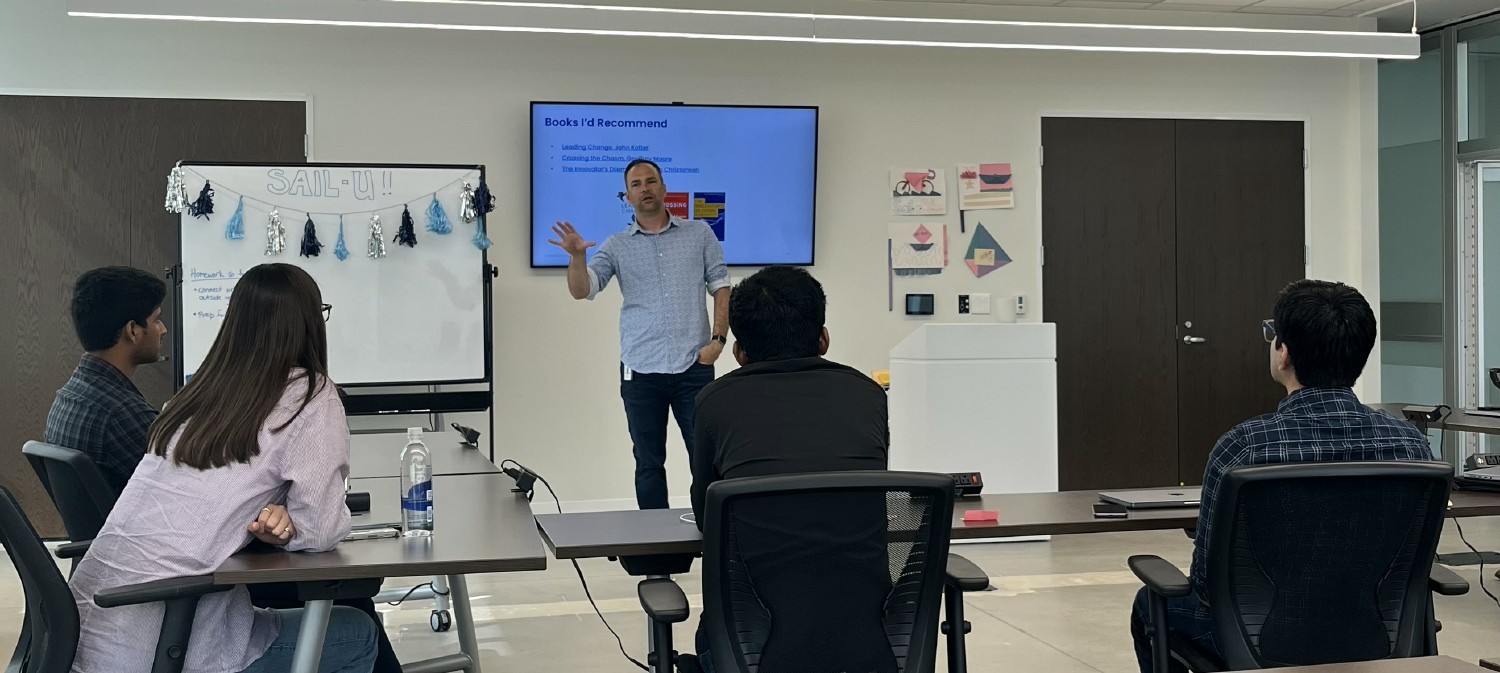 SailPoint’s Executive Vice President of Product, Grady Summers, welcomes the 2023 Sail-U internship to new hire cohort.