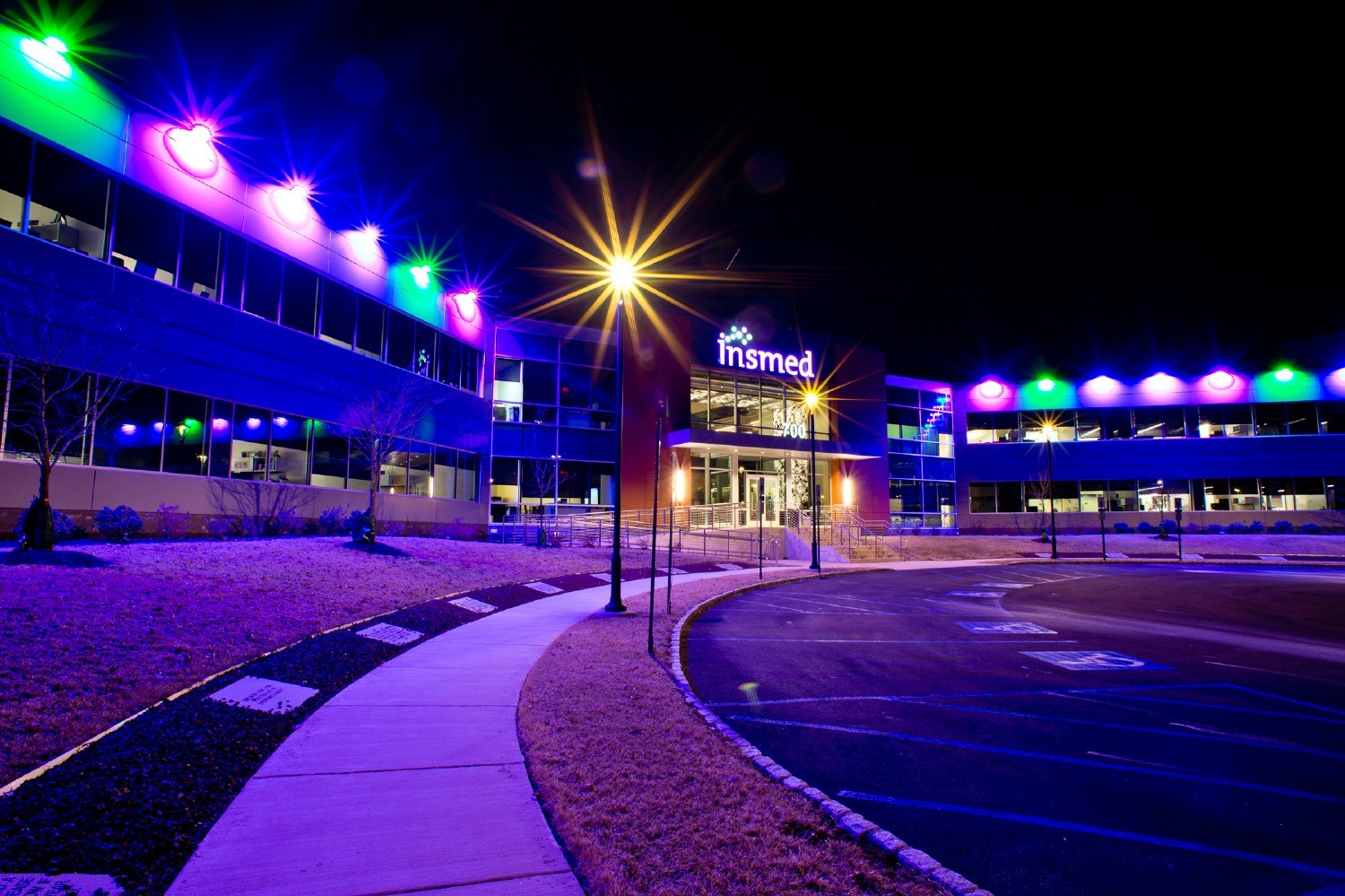 Insmed's global headquarters in Bridgewater, New Jersey lit up for Rare Disease Day