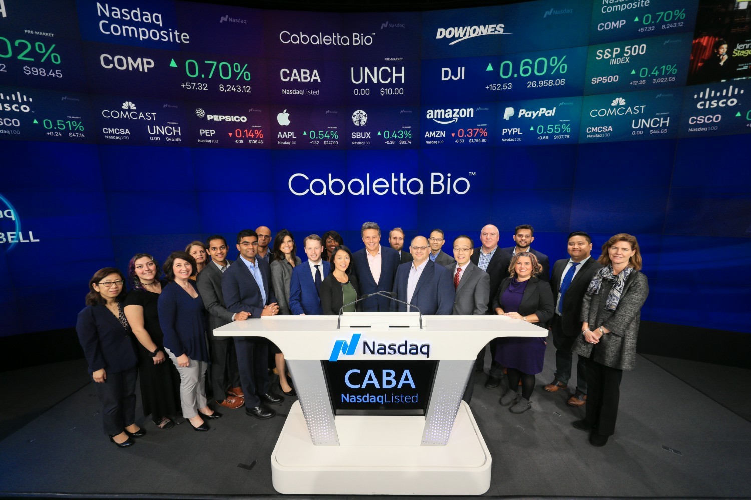 Cabaletta Crew members at the ringing of the bell for Cabaletta's 2019 IPO at NASDAQ headquarters in New York.