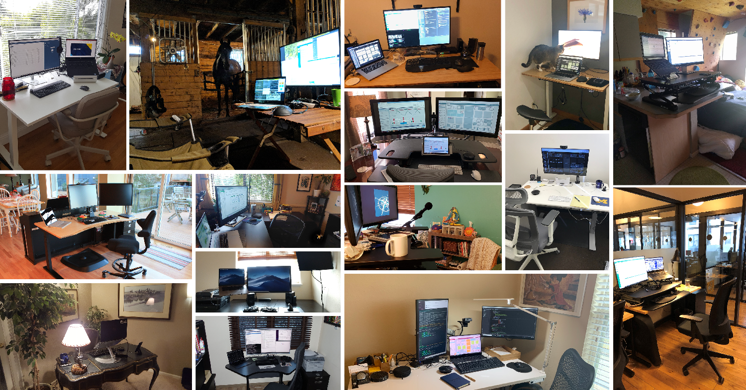 Collection of Seeq employee home office workspaces. As a remote first company, Seeq subsidizes home office setups.