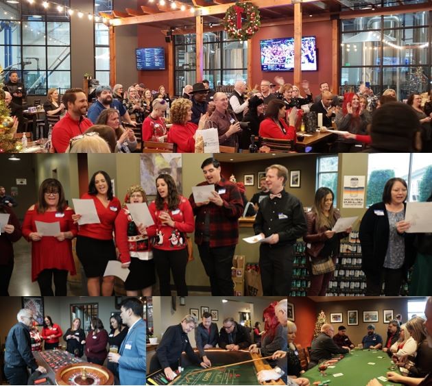 NWMLS's annual holiday party with food, carolers, casino games with prizes, and a gift exchange at a local brewery.