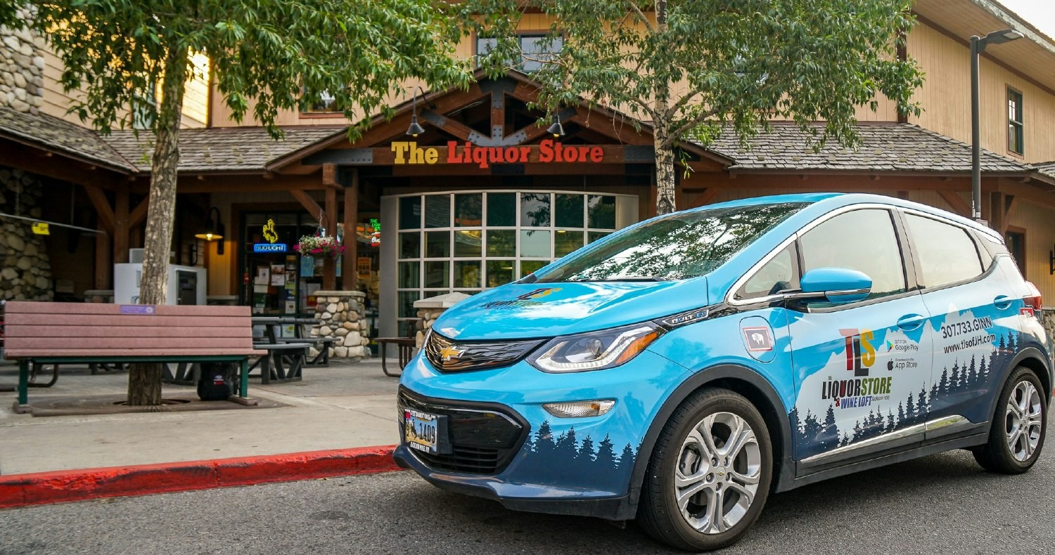 Our electric delivery vehicle, outside of The Liquor Store in Jackson, Wyoming