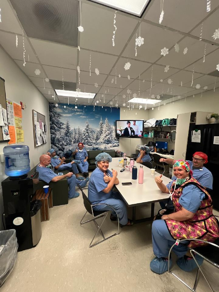 The team at McLaren Macomb hospital enjoys the festive decorations in the break room. 