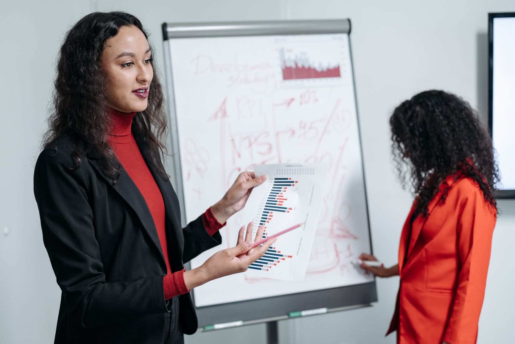  How to improve diversity is depicted with two women of color making a presentation. 