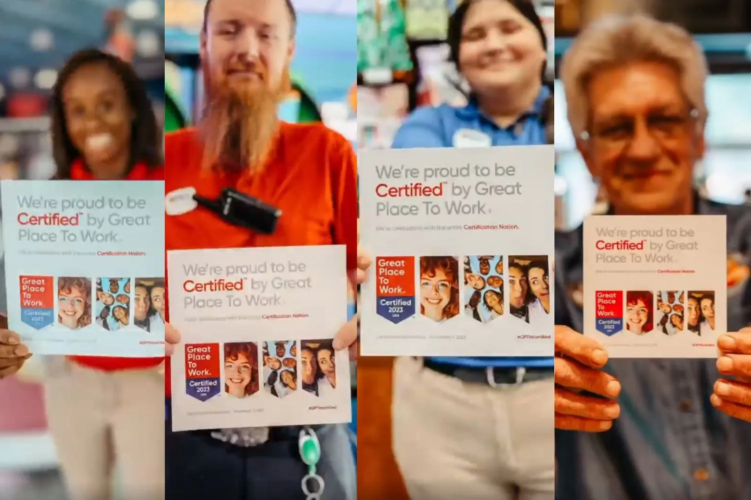 The image is a four-panel collage of diverse individuals, each holding a similar sign that states 