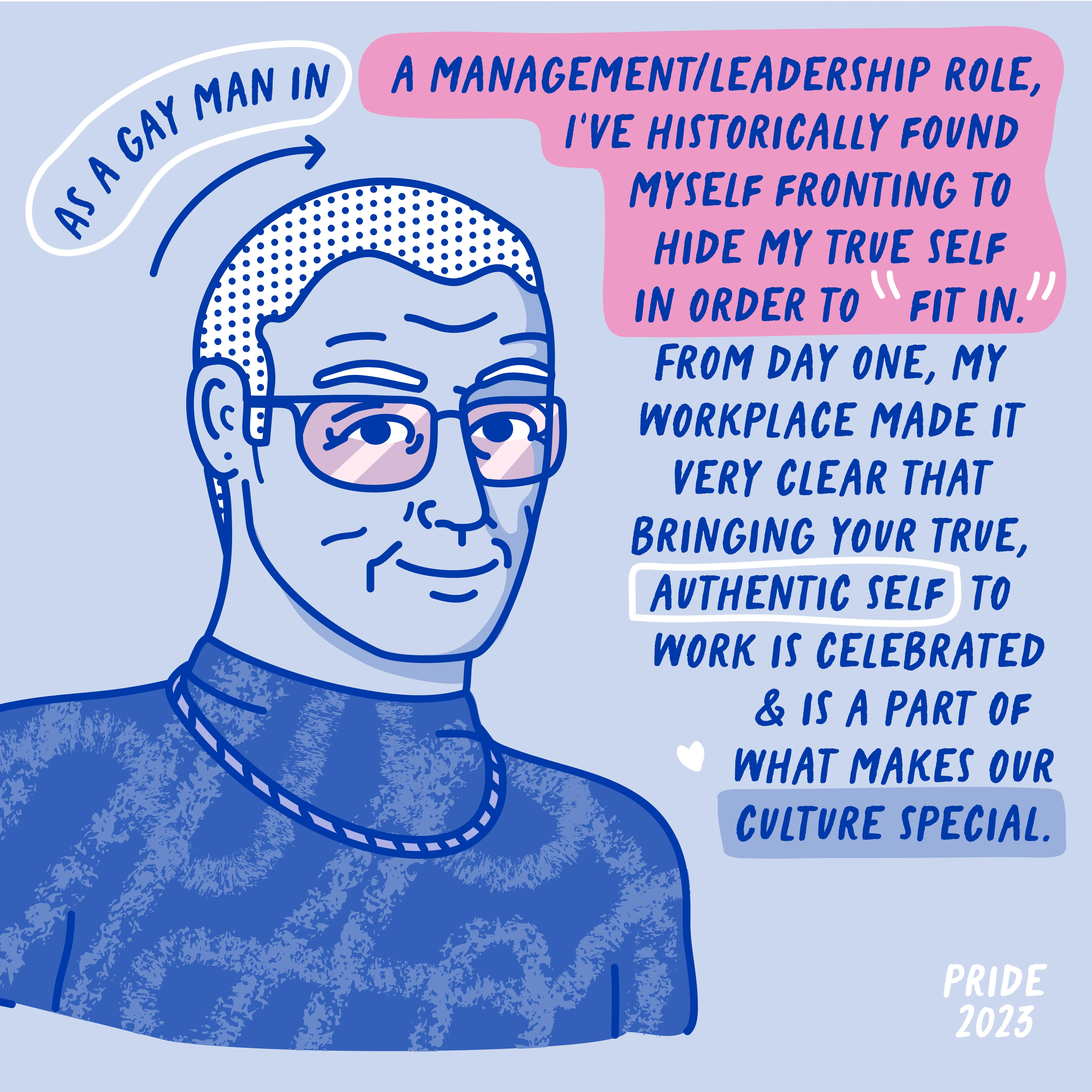 Illustration of gay male manager with handwritten text about being his authentic self at work
