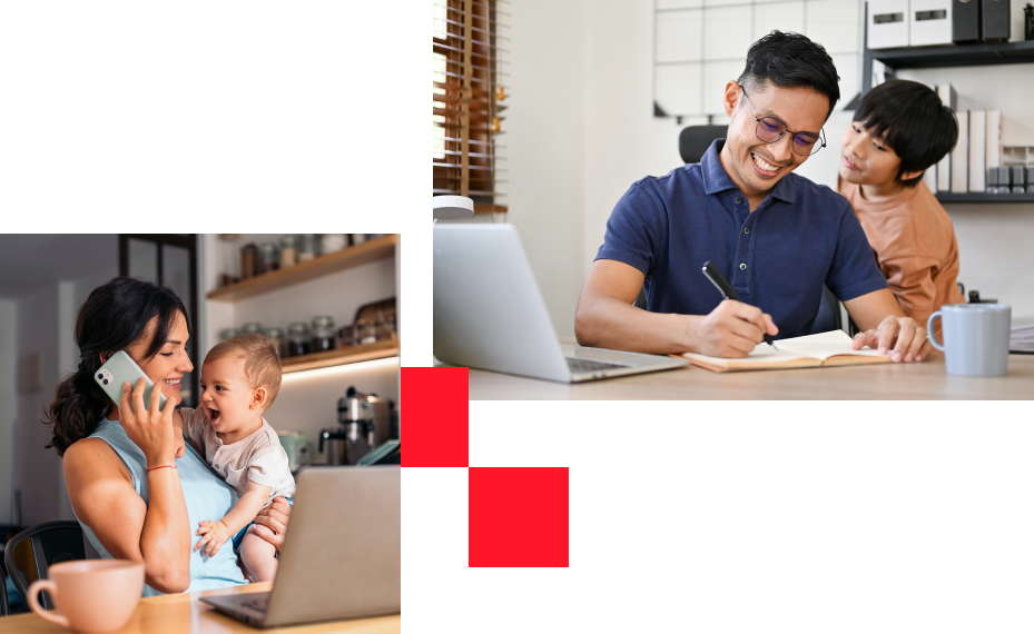 Parents working from home with their children, balancing caregiving and remote work.