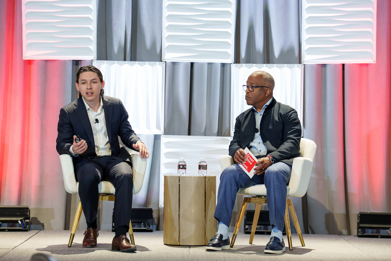  Matt Spring, senior associate at Jeffries, speaks with Michael C. Bush, CEO at Great Place To Work at the 2025 For All Summit.