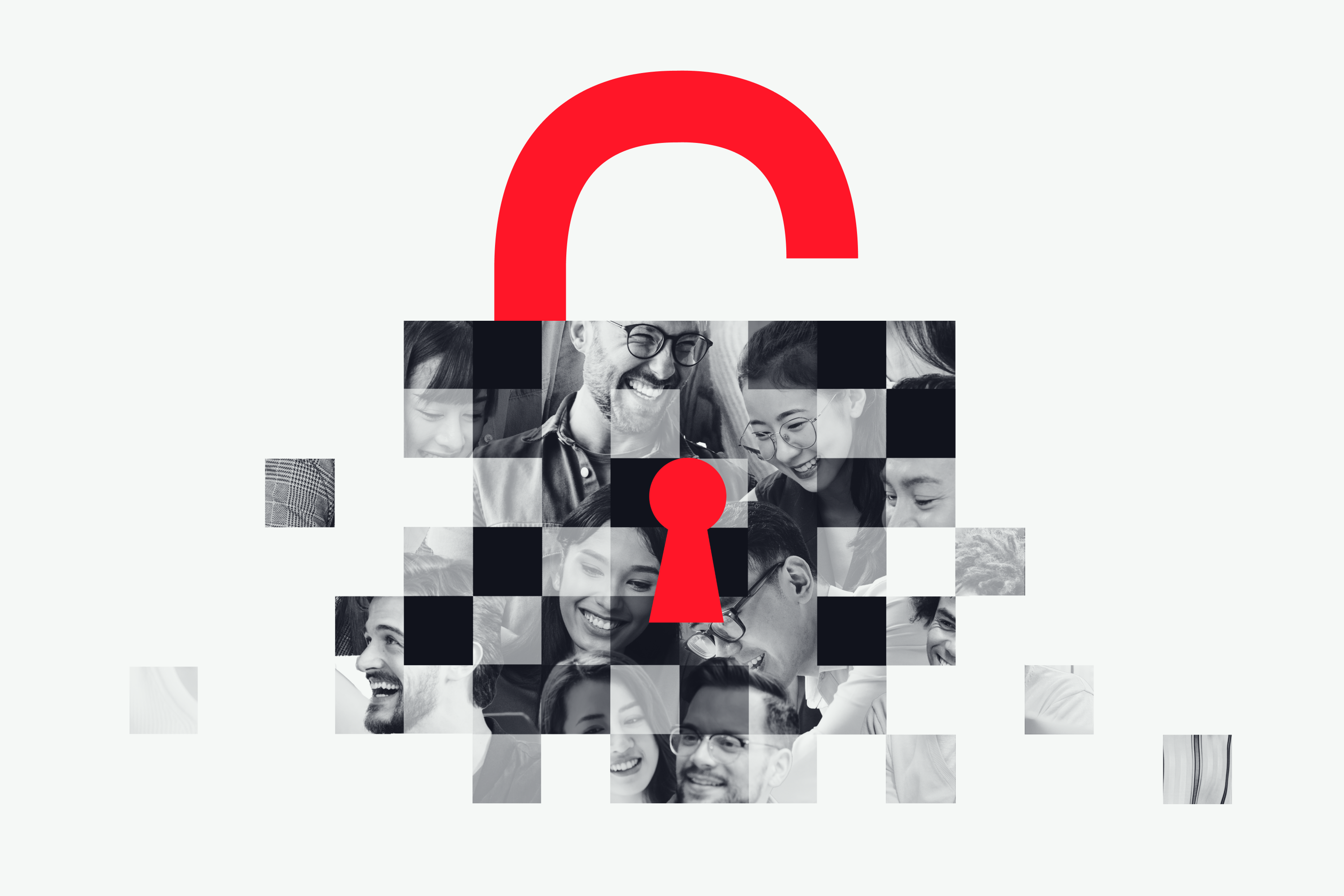 A red unlocked padlock formed from mosaic employee photos, symbolizing unlocking workplace insights and feedback.
