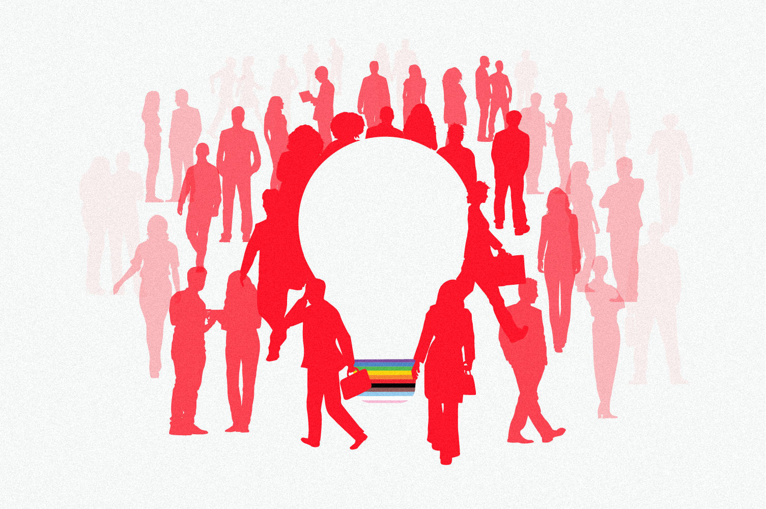  Diverse and inclusive teams is depicted with silhouettes  of people arranged in the outline of a person's head.