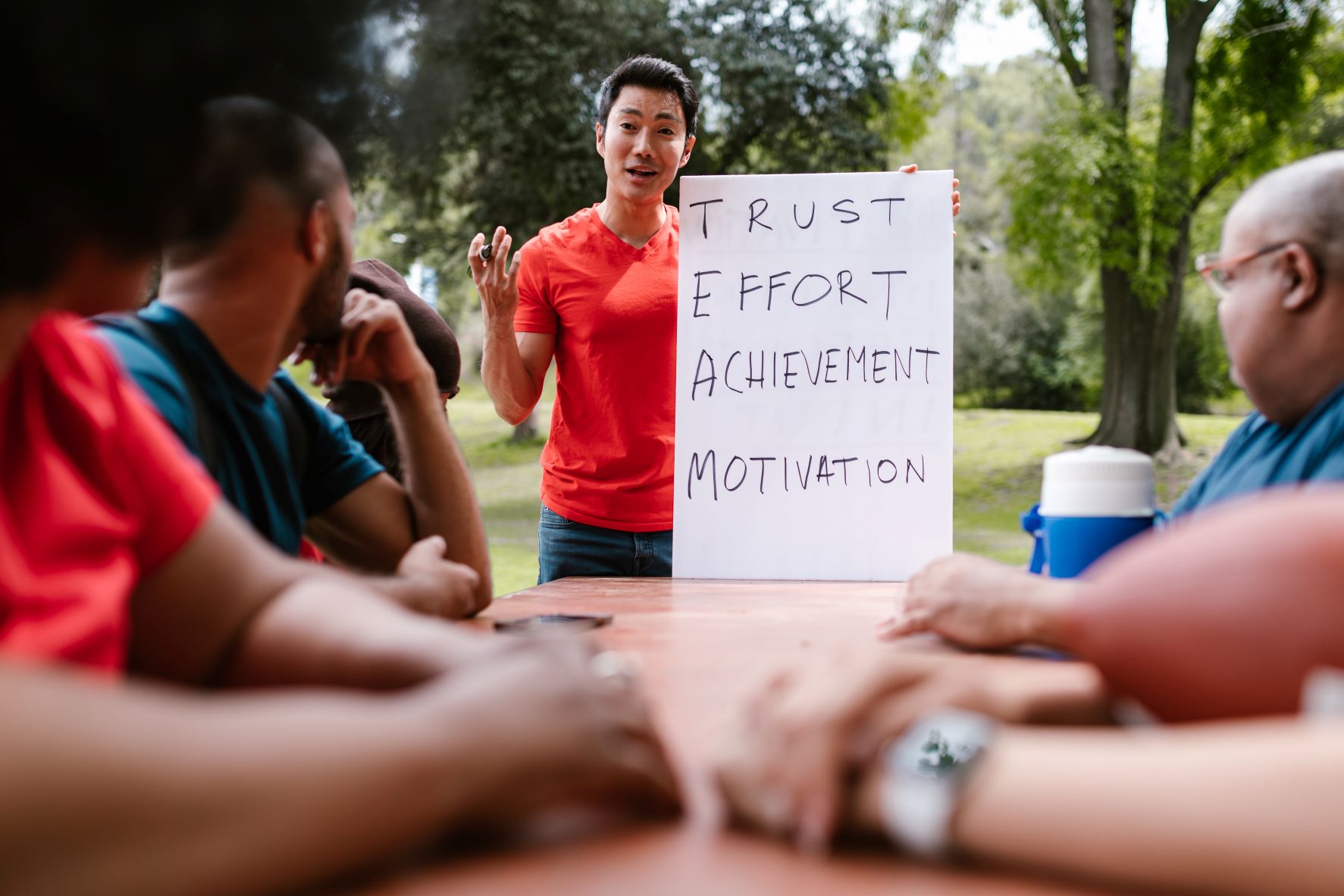  Creating a culture of innovation is depicted with a team leader giving a pep talk. He's standing in front of everyone, and holding a sign with different words to cue up company culture. 