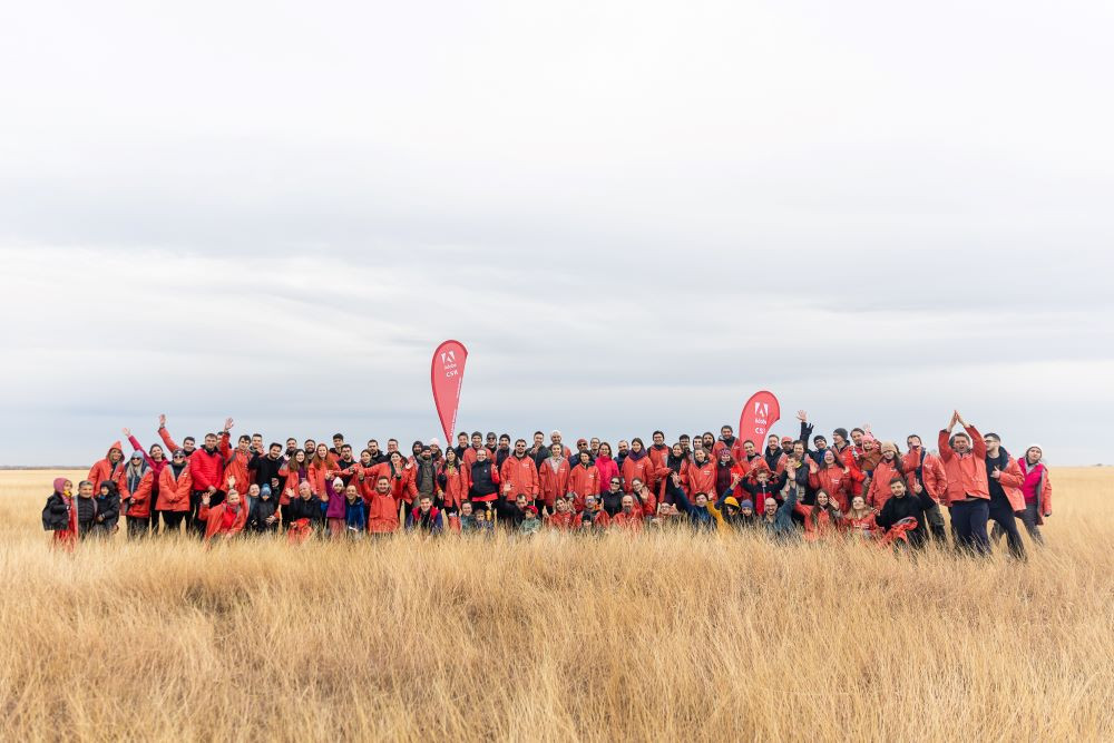 Adobe volunteers planting trees with Plantam Fapte Bune, a national reforestation initiative, in Romania.