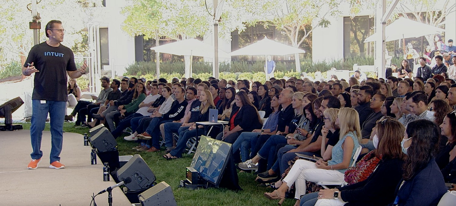 CEO Sasan Goodarzi addresses Intuit employees at a State of the Company event