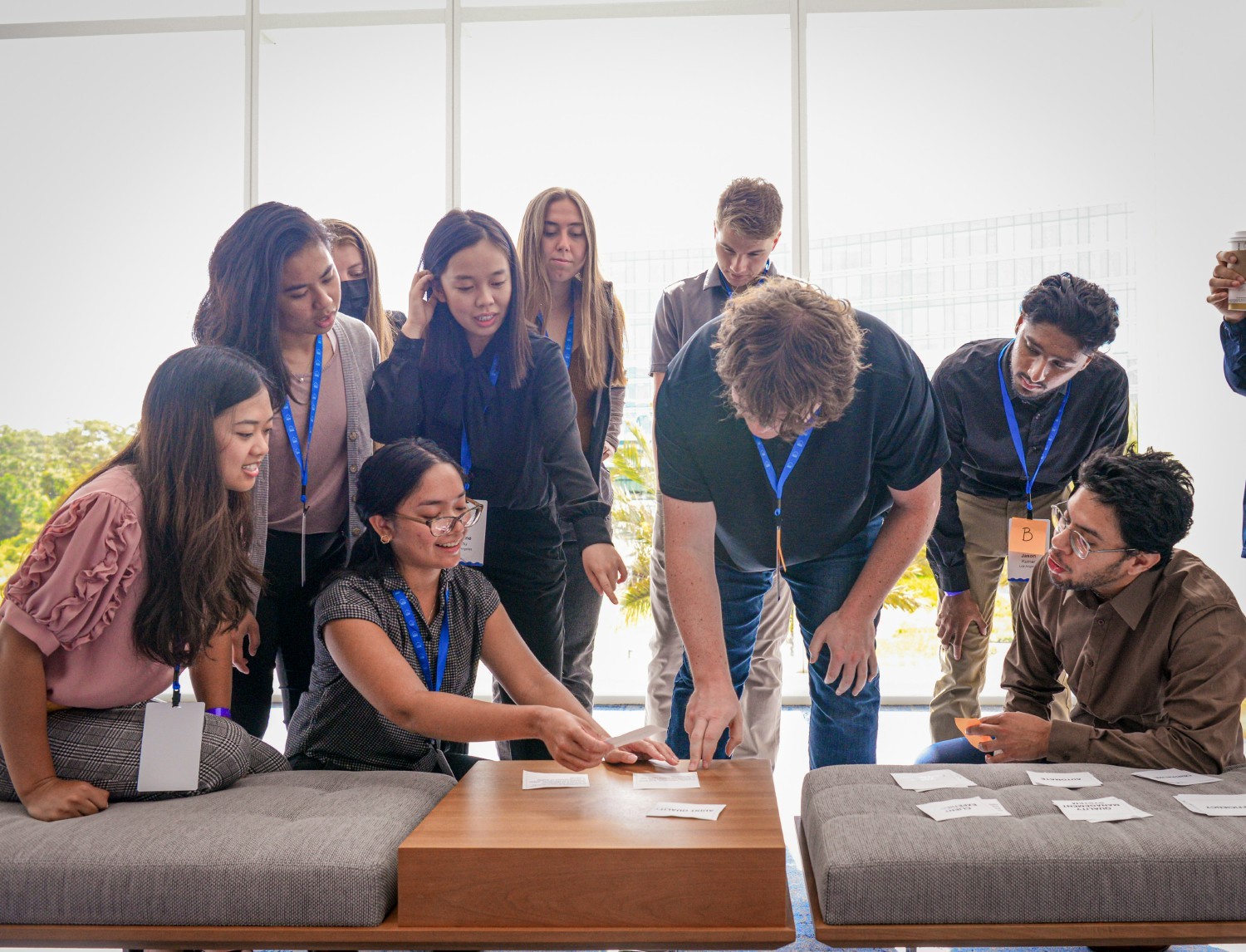 KPMG interns participate in a team-building exercise at the KPMG Lakehouse learning and innovation center. 