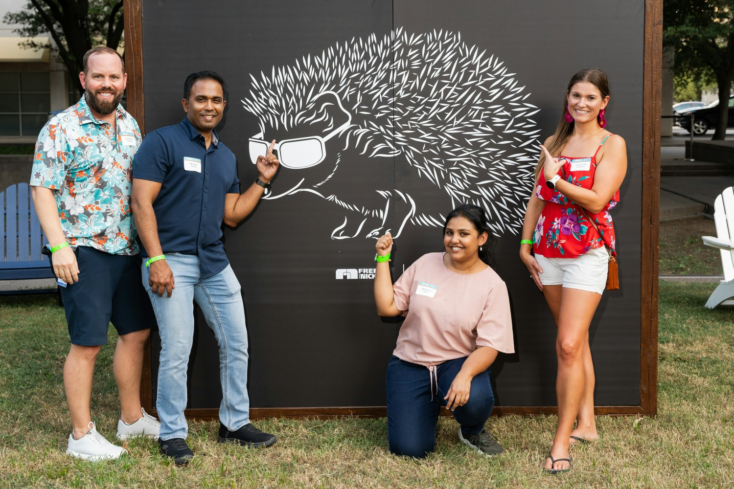 A few employees at our Family Reunion enjoying a few laughs with our company hedgehog mascot