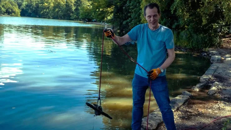 Magnet fishing at Prospect Park Lake in Brooklyn