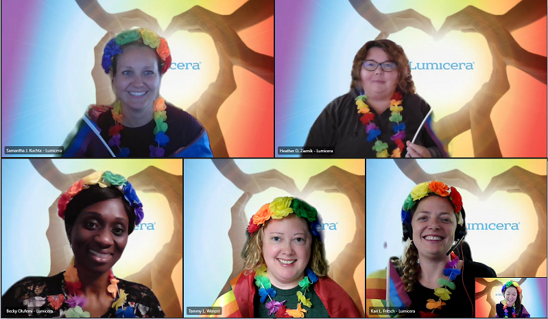 Pride in Every Hue - Lumicera associates wore rainbow leis in June to show their PRIDE during a vibrant virtual meeting.