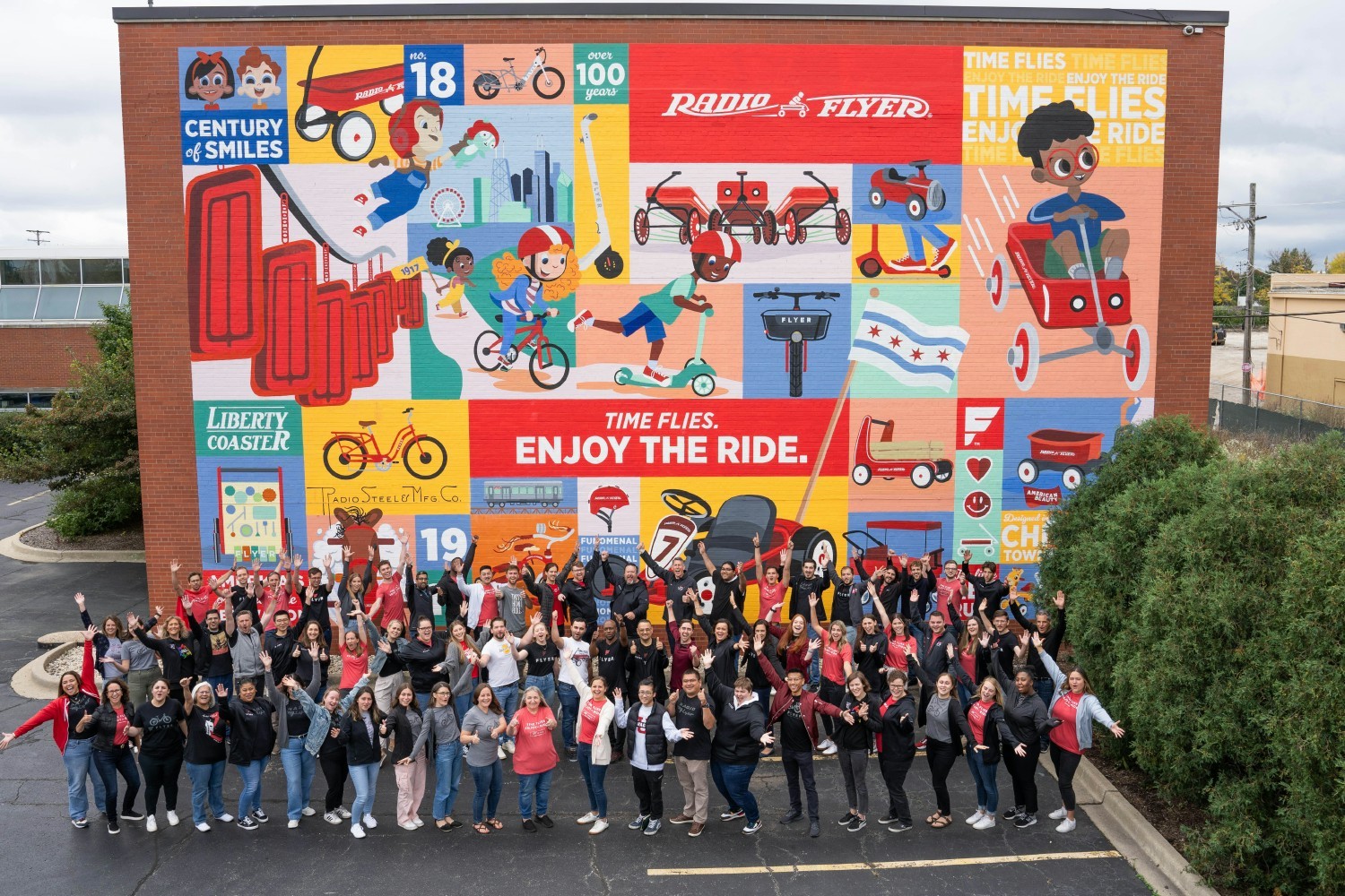 Designed by the team, a new mural on Radio Flyer’s building highlights a century of smiles and leaves a lasting legacy. 