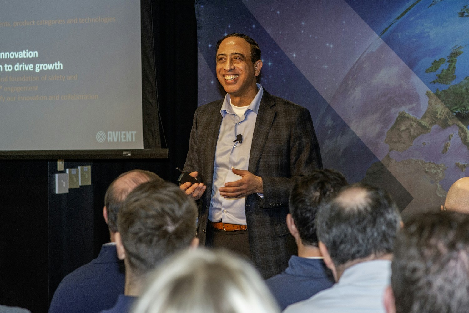 Dr. Ashish Khandpur pictured at his first town hall event after being named Avient's new CEO on December 1, 2023.