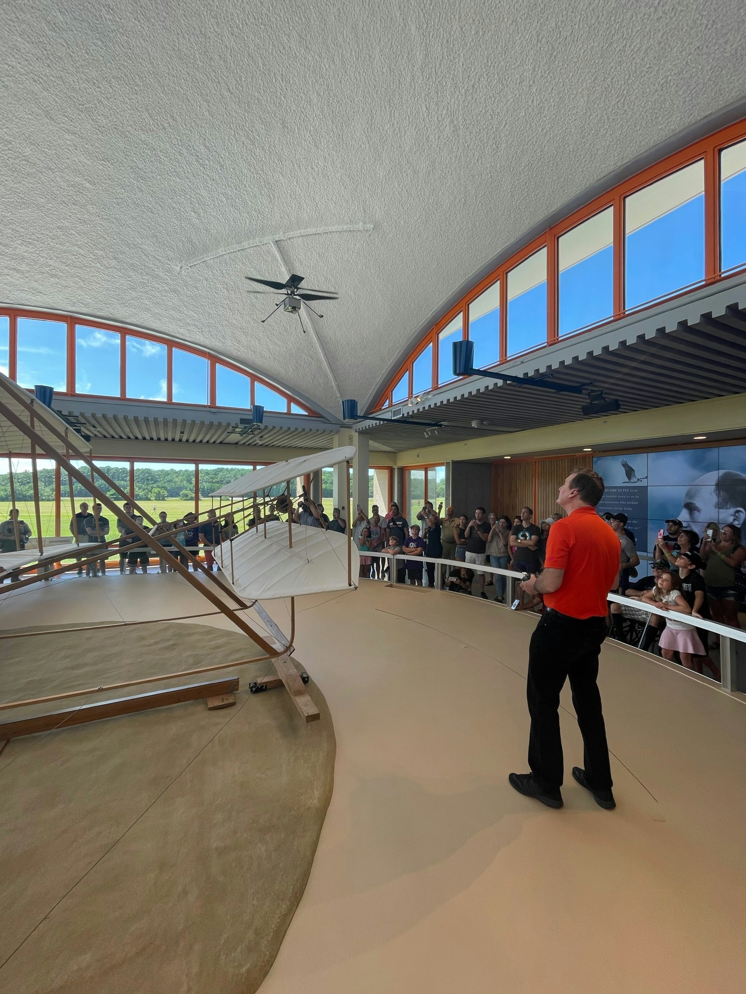 AV’s chief engineer, flying a model of the Ingenuity Mars Helicopter at the Wright Brothers National Memorial.