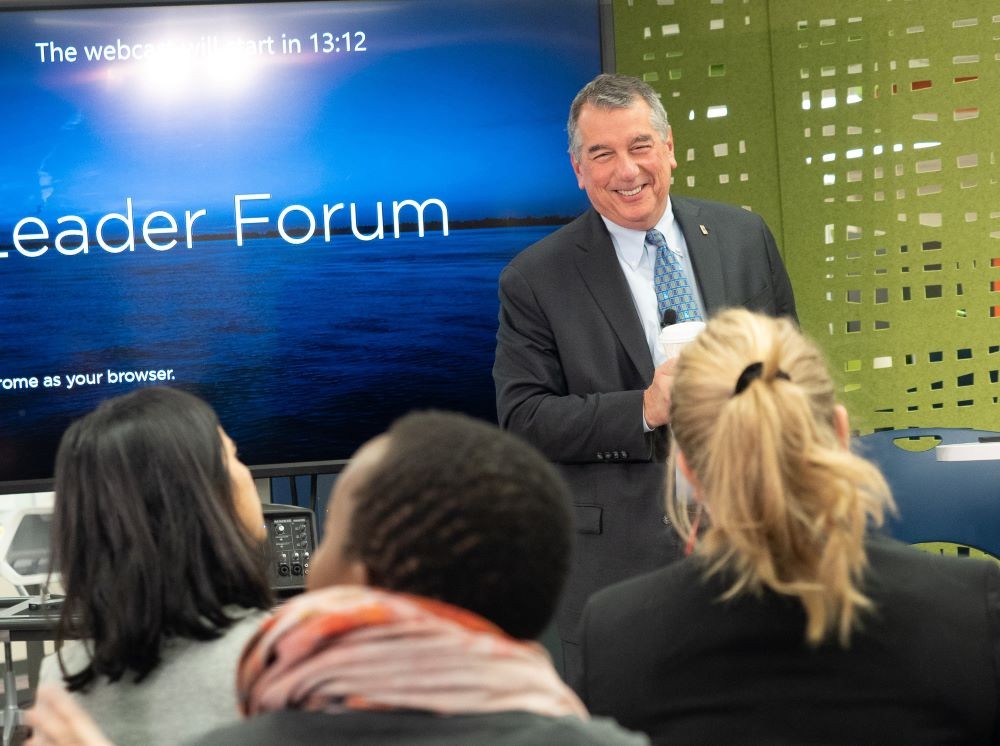 President & CEO Tim NeCastro connects with attendees at Leader Forum, a quarterly meeting for ERIE’s nearly 900 leaders.