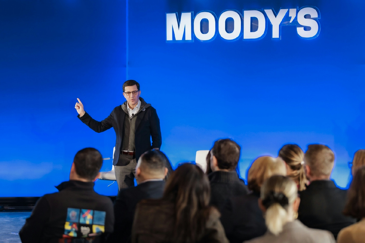 Moody's CEO, Rob Fauber, spends time with employees at one of our quarterly town hall meetings.