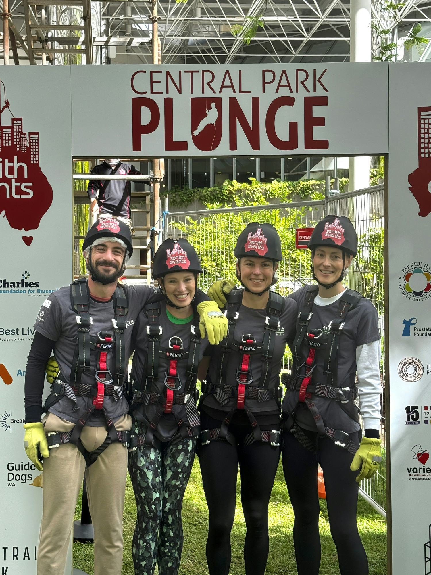 The NHOA Energy team completing the 130m Central Park Plunge in Perth, Australia, in memory of colleague Ashley Mangano.