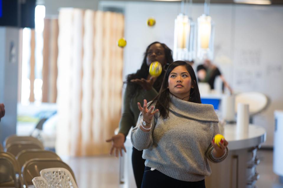 Juggling takes a lot of concentration so we encourage our teams to keep practicing.