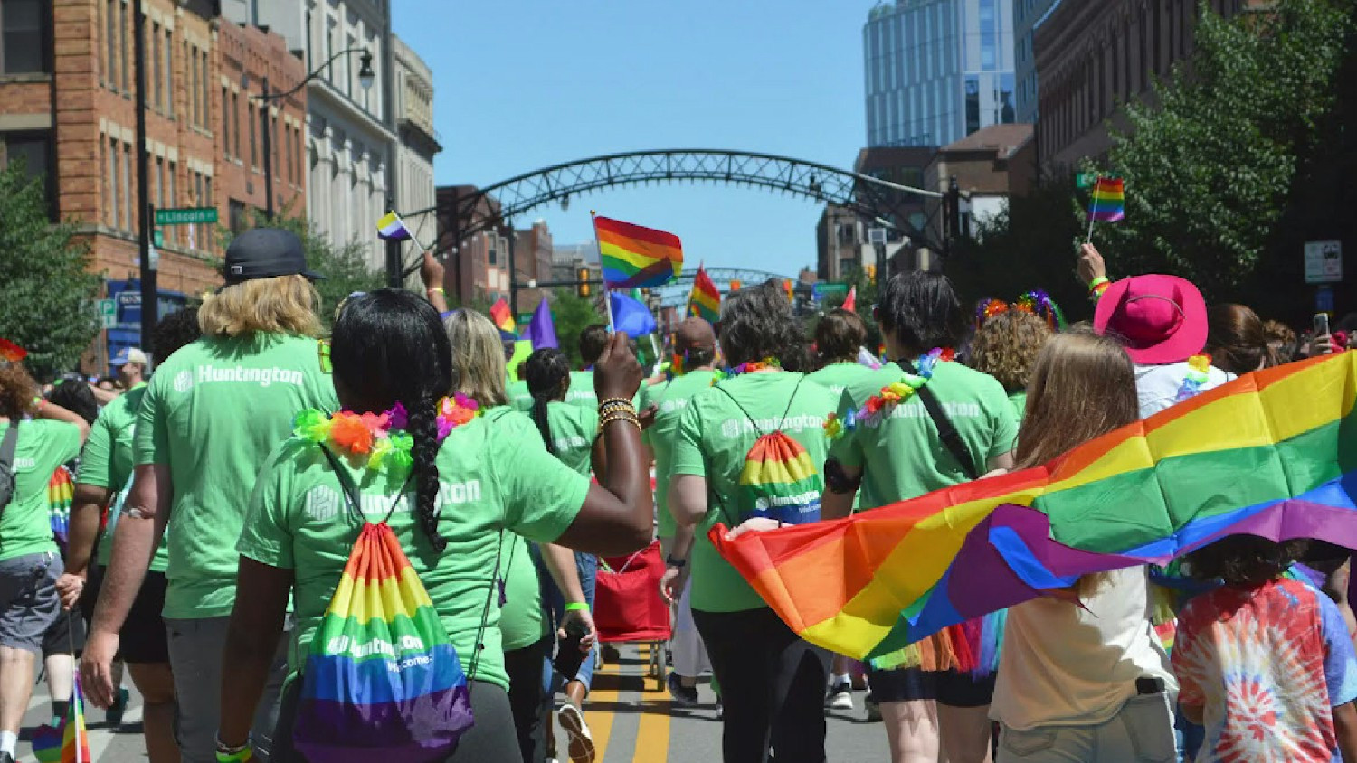 Huntington's Pride Alliance Business Resource Group celebrating at the Columbus Pride parade in Ohio. 

