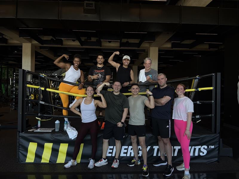 Teammates enjoy a free fitness class at the gym inside Nutrabolt's Headquarters in Austin, Texas. 