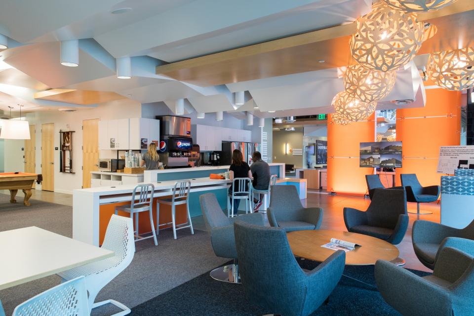 Vivint Smart Home employees enjoying one of the many spaces on Vivint's campuses designed for relaxing.