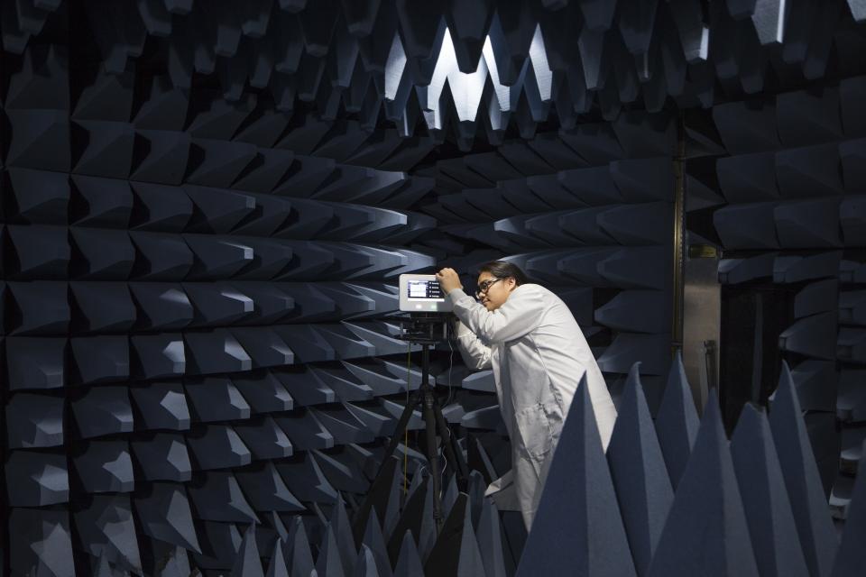 A Vivint Smart Home employee in the anechoic chamber at the Vivint Innovation Center in Lehi, Utah.