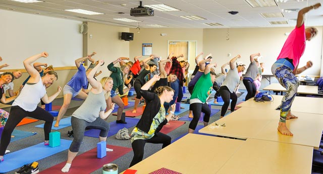 Employees participated in a fitness class, one of many activities offered as part of our Employee Appreciation Day.