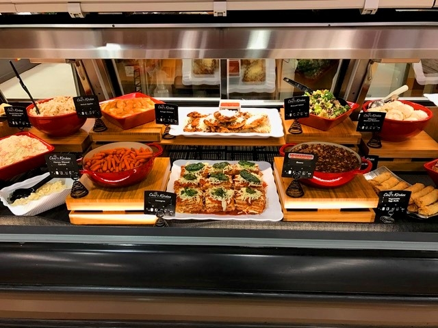 Prepared food case in our Deli department. Many of our prepared foods are Buehler's recipes, prepared in our kitchens.