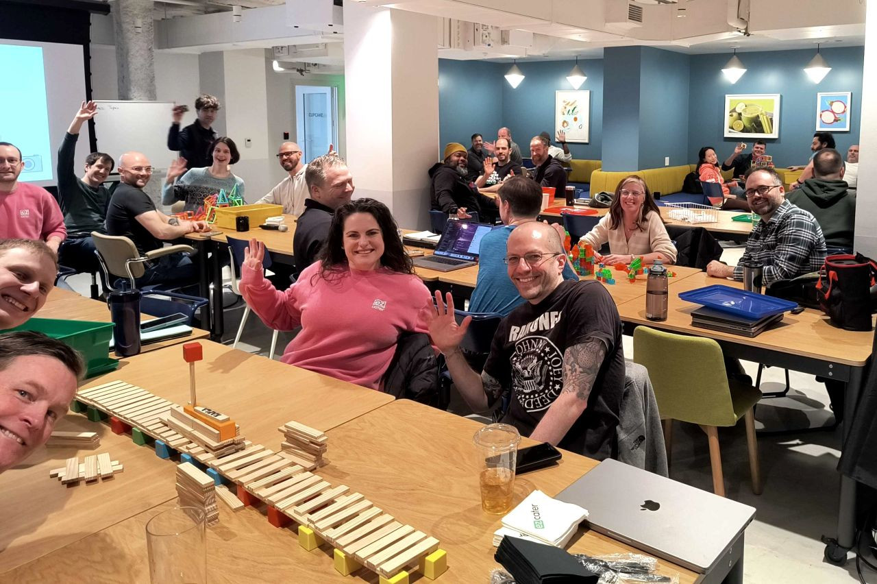 ezCater's tech team gathers at the Boston office for a creative problem-solving workshop using children’s building toys.