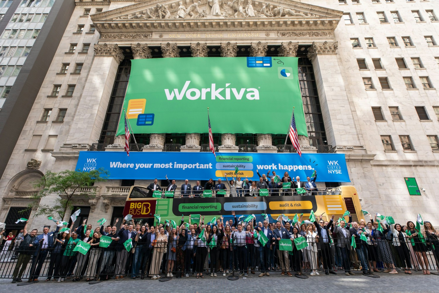 Workiva employees at the NYSE to celebrate 10 years as a public company