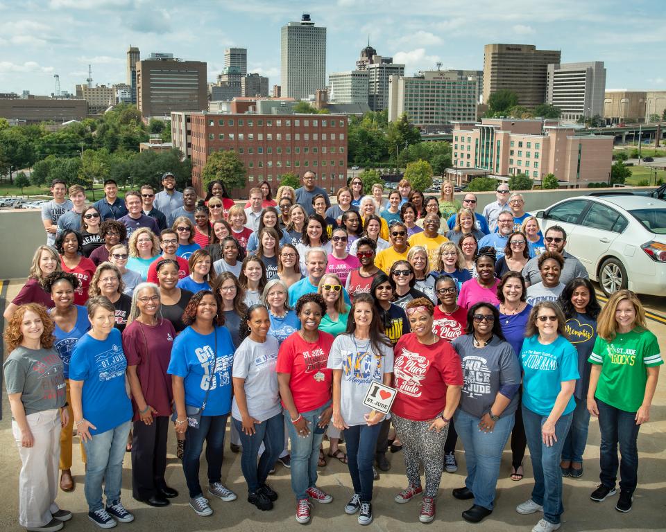 Employees showed their hospital and Memphis pride for 901 Day (September 1) atop a St. Jude parking garage with a great view of the city. 901 is Memphis’ area code, and employees love to don the numbers in a show of civic pride.