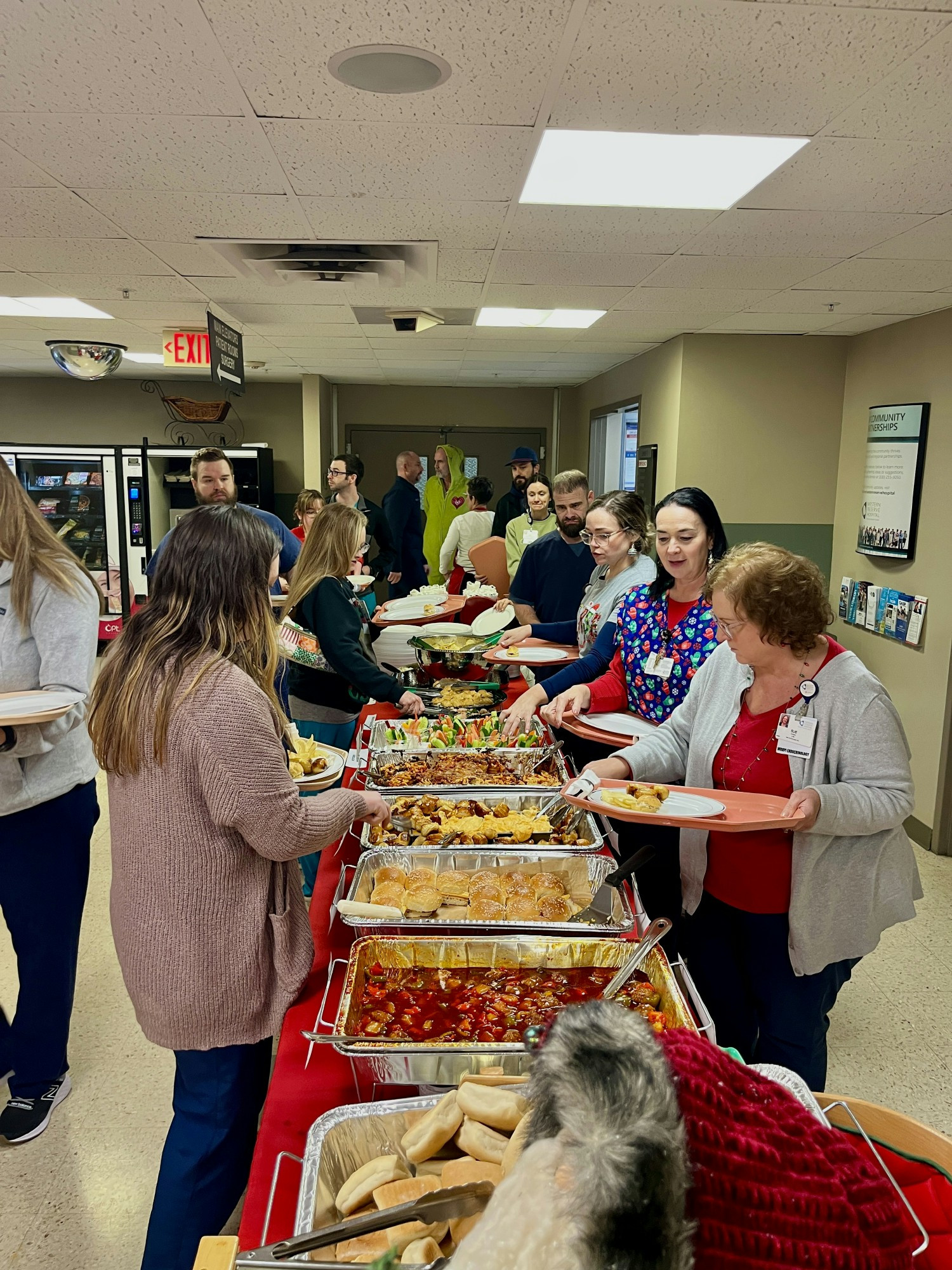 A view of staff in line for the holiday dinner.