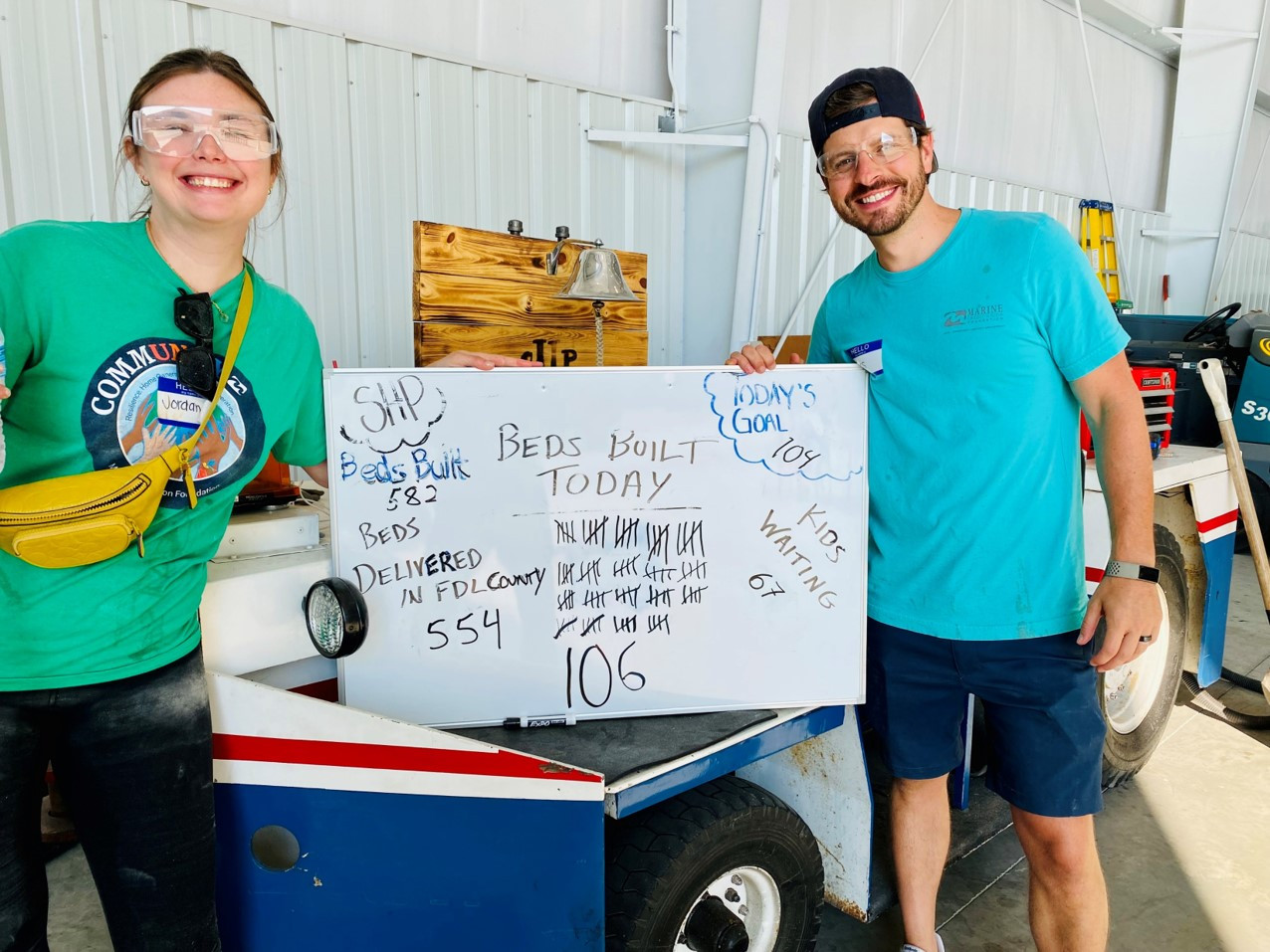 The MCU sanding crew at Sleep in Heavenly Peace keeping track of the beds they've built for children who don’t have one.