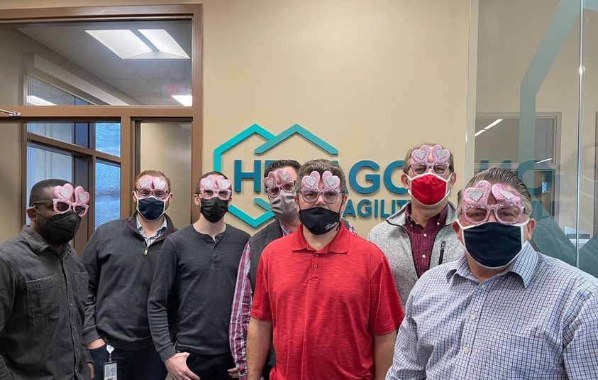 Valentine's Day Fun in the Office with R&D, HR, and Engineering staff members.